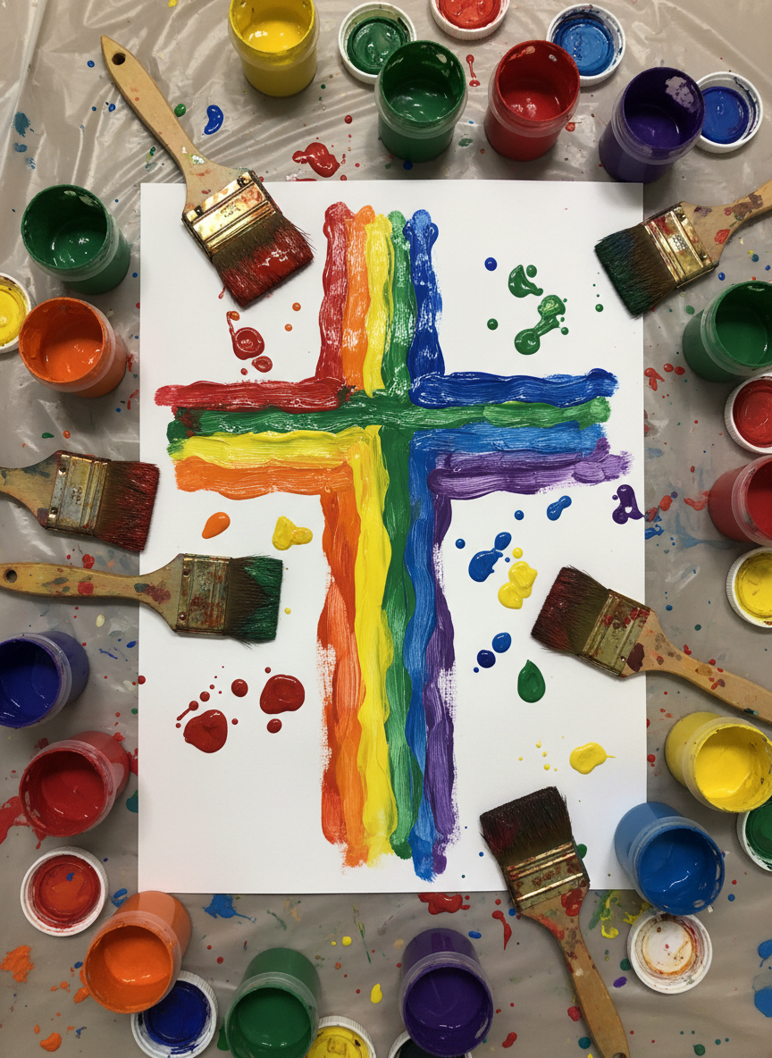 A close-up of messy, joyful art supplies mid-creation: a sheet of thick paper with a half-finished, abstract rainbow cross painted in bold, slightly smudged strokes of tempera paint, surrounded by open paint pots, chunky brushes thick with color, and a paint-splattered plastic tablecloth. Droplets of paint dot the surface, adding to the sense of creative chaos. Overhead diffused hall lighting reflects off the wet paint, creating subtle gleam and depth in the colors. Photographic realism with a top-down perspective, capturing every brushstroke and texture. The atmosphere is fun, free, and expressive, embodying the “messy” aspect of Messy Church while still feeling warm and positive, ideal for illustrating creative faith exploration.