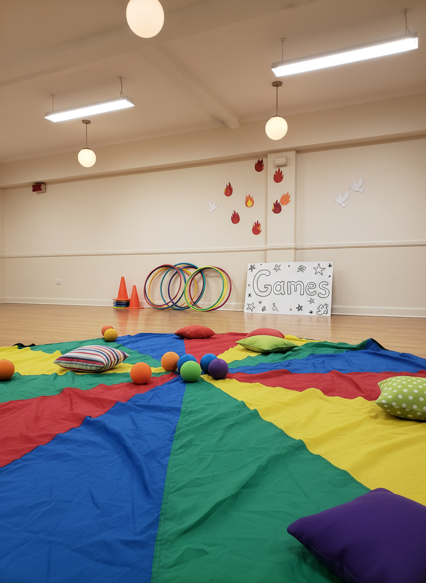 A vibrant game area in a church hall captured in photographic realism: a brightly colored parachute spread across a polished floor, its red, blue, yellow, and green panels slightly wrinkled and overlapping a few soft foam balls and beanbags. Nearby, cones, hula hoops, and a simple hand-drawn sign reading “Games” with doodled stars lean against a neutral wall decorated with a few childlike paper flames and doves. Overhead fluorescent and warm pendant lights blend to create even, cheerful illumination with soft shadows under the equipment. Shot from a low angle at the edge of the parachute, emphasizing texture, color, and playful energy while leaving the space empty of people but clearly ready for energetic all-ages fun.