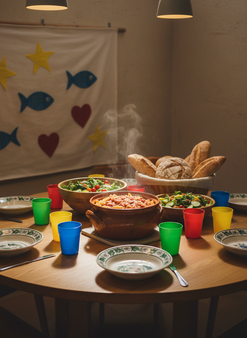 A cozy church hall corner with a low table set for a shared meal: mismatched ceramic plates, colorful plastic cups, a large pot of simple pasta, bowls of salad, and a basket of crusty bread, all slightly imperfectly arranged to suggest casual hospitality. Soft warm overhead lighting reflects off the table’s smooth surface and the glossy plates, casting gentle, inviting shadows. In the background, a felt banner with simple shapes like stars, fish, and hearts hangs on a beige wall, photographed in realistic detail but softly blurred. Eye-level composition with a natural, documentary feel, emphasizing community and togetherness through objects alone, in a playful, approachable photographic style.