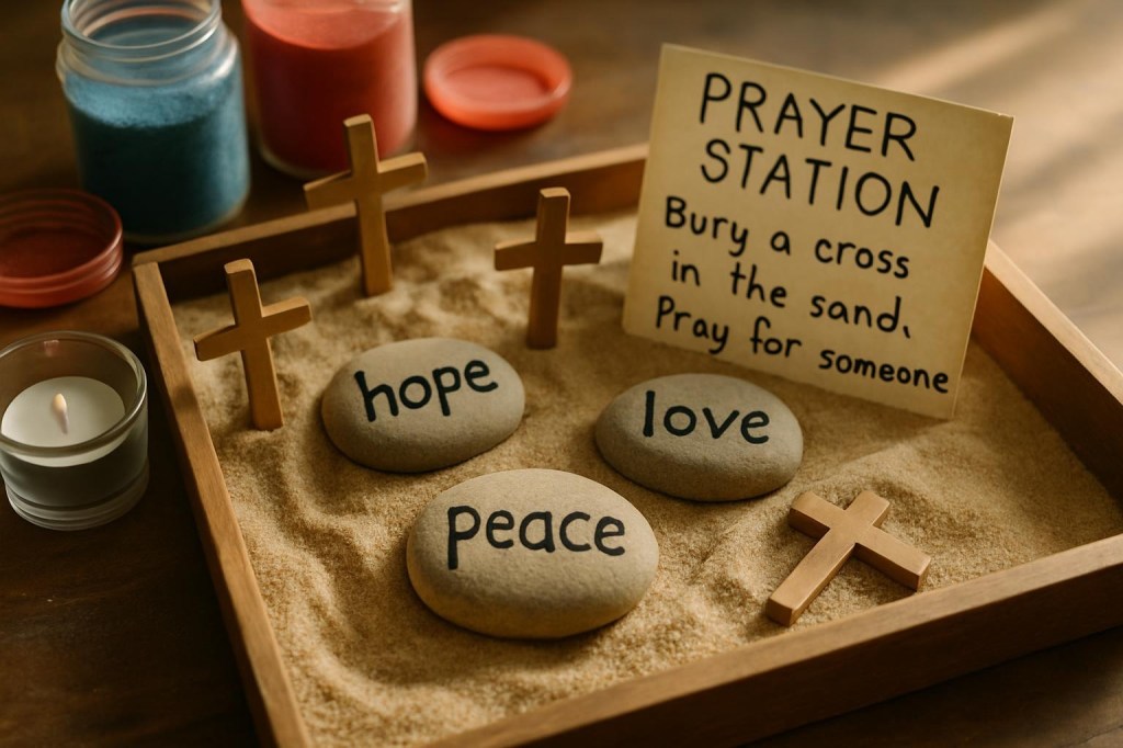 A close-up of a messy interactive prayer station: a shallow wooden tray filled with fine sand, with simple wooden crosses and smooth river stones partially buried, some stones hand-painted with single words like “hope,” “love,” and “peace” in playful, uneven lettering. Around the tray lie open jars of colored sand, a small glass candle holder with an unlit tea light, and a handwritten instruction card in childlike print, edges slightly curled. Soft, diffused afternoon light from the side creates gentle highlights on the sand’s texture and subtle shadows from the crosses and stones. Photographic realism with shallow depth of field, focusing sharply on the foreground stone while the rest fades into a soft, contemplative blur. The mood is reflective yet accessible and creative.